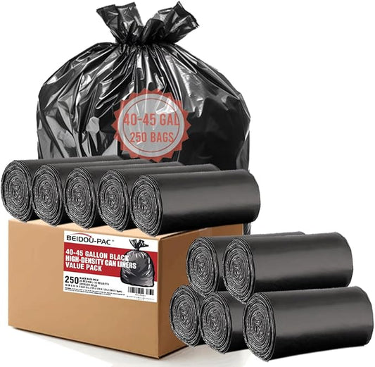 40-45 Gallon Lawn & Leaf Trash Bags, 250 Count Bulk, Black Garbage bags, Multi-purpose Trash Can Bin Liners for Home Commercial, Outdoor, Construction, Industrial
