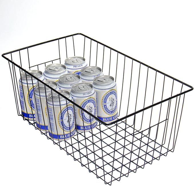 16" L x 12" W Wider Freezer Storage Organizer Baskets Container, Metal Wire Chest Upright Refrigerator Divider Bins with Built-in Handles for Cabinet, Pantry, Closet, Kitchen, Black