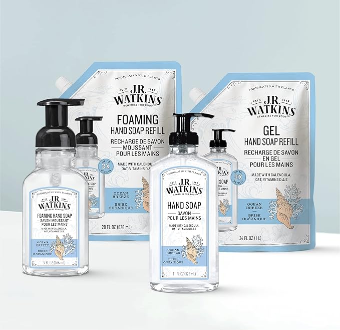 J.R. Watkins Gel Hand Soap Refill Pouch, Scented Liquid Hand Wash for Bathroom or Kitchen, USA Made and Cruelty Free, 34 fl oz, Ocean Breeze, 6 Pack
