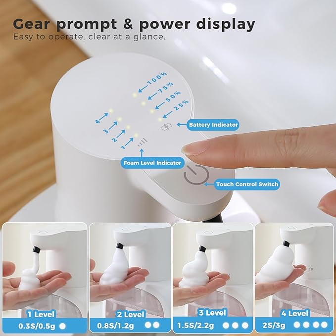 Automatic Foaming Soap Dispenser, 17oz/500ml Touchless Rechargeable with 4-Level Adjustable & IPX5 Waterproof - Level Display for Wall/Tabletop Use in Bathroom, Kitchen, White