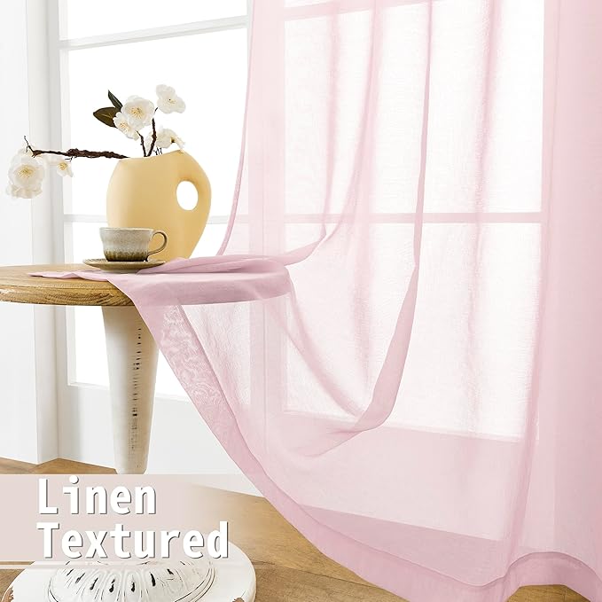 Tollpiz Small Sheer Linen Textured Curtain Sheers Doorway Light Filtering Voile French Door Rod Pocket Curtains, 25 x 40 inches Long, Pink, Set of 1 Panel