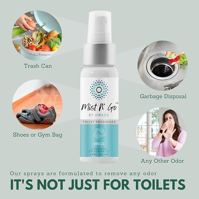 Mist N' Go by Omaze Travel Toilet Odor Eliminator - Air Freshener Spray for Bathroom Deodorizer - Mix All, Regular Size (2oz x5)