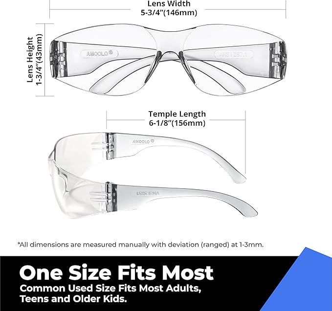 amoolo Clear Safety Glasses Bulk of 48, Protective Eyewear for Men Women, ANSI Z87.1 Impact Resistant Eye Protection for Work, Lab, Construction