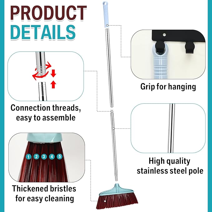 Lasnten 8 Pcs Heavy Duty Broom Commercial Set 49" Stainless Steel Detachable Handle Indoor and Outdoor Floor Brooms for Home, Garage, Kitchen, Office, Patio Cleaning, Warehouse