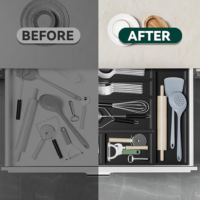 Bamboo Drawer Organizer, Extra Large Silverware Organizer for Kitchen Drawer, Stackable Utensil Organizer, 2 Pcs Toilet Tank Topper Tray, Wooden Toilet Paper Basket (Black, 17 X 6 X 2 Inch)
