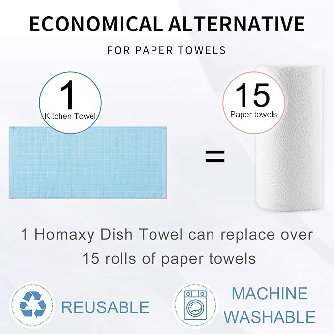 Homaxy 100% Cotton Terry Kitchen Towels(Sky Blue, 13 x 28 inches), Checkered Designed, Soft and Super Absorbent Dish Towels, 4 Pack