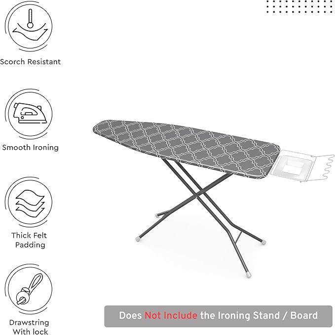 Encasa XO Ironing Board Cover and Pad 49"x18" - Thick 3mm Felt Padding, Drawstring Tightening & Lock, Easy Fit, Scorch & Stain Resistant, Fits Wide Ironing Board - Grey Tiles
