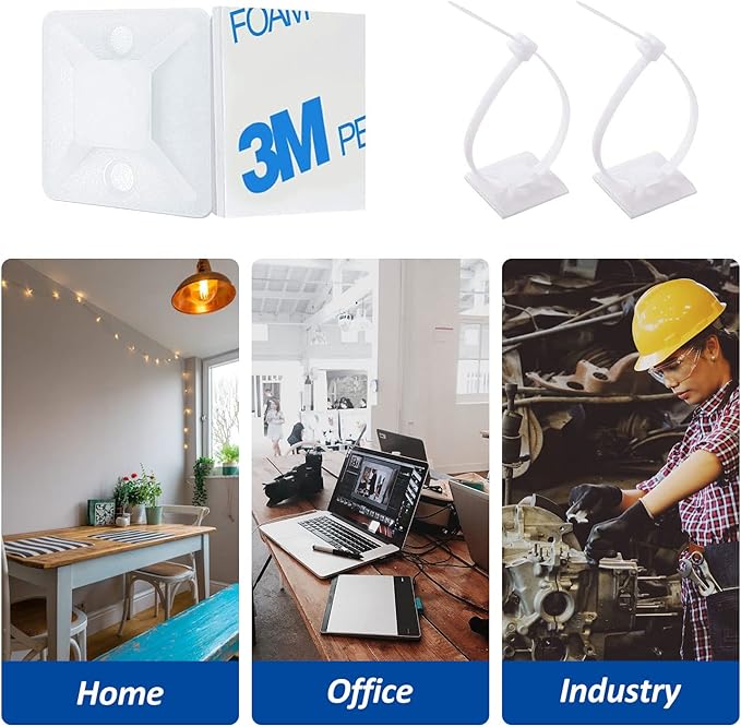 Strong Back-Glue Self Adhesive Cable Zip Tie Mounts Kit - 50 Set Cable Management Clips with 6" Zip Ties, Wire Holders - Outdoor Sticky Wire Organizer Clips-White