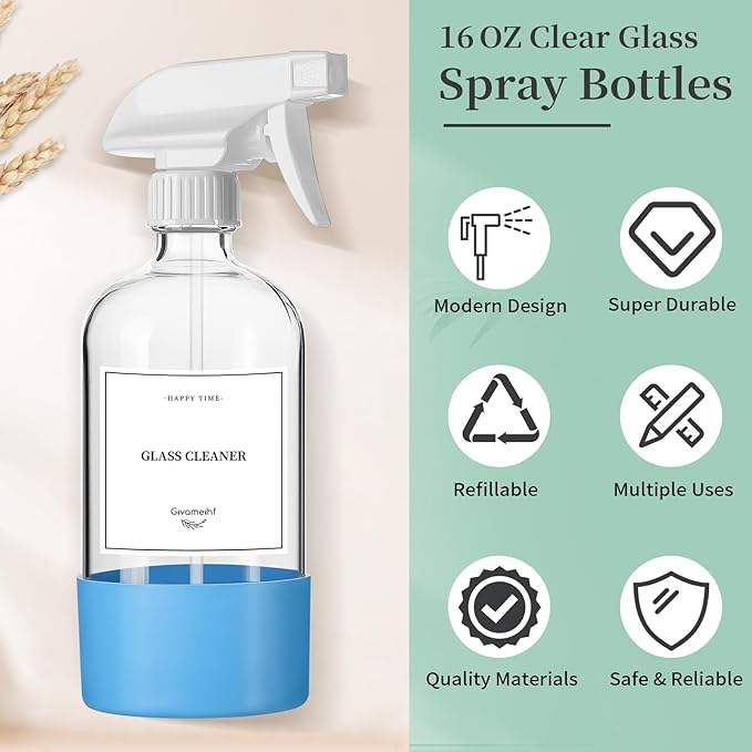 2 Pack Glass Spray Bottles with Silicone Sleeve,16oz Clear Glass Spray Bottles Refillable Empty Bottle with Adjustable Nozzle,Spray Bottle for Essential Oils,Cleaning Solutions,Pets,Hair