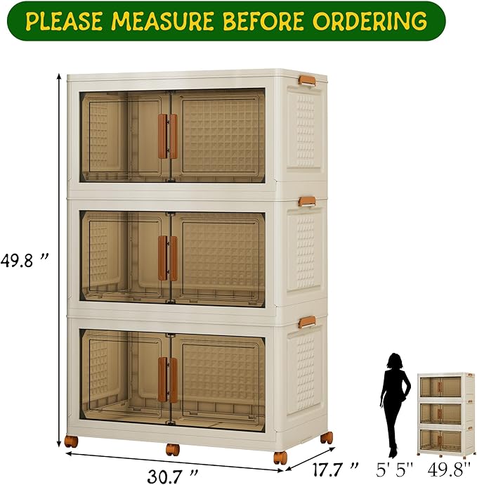 3 Tier Extra Large Stackable Storage Bins with 1 Lid 155 QT/Tier, Collapsible Plastic Box Storage Bin with Wheels, Home Containers Boxes Closet Organizers forLiving Room, Office, Dorm