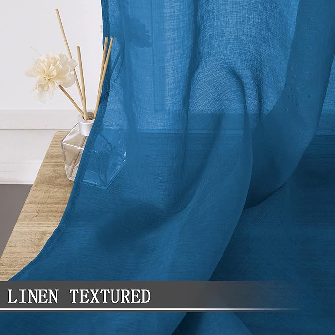 Tollpiz Short Sheer Curtains Linen Textured Bedroom Curtain Sheers Light Filtering Rod Pocket Voile Curtains for Living Room, 54 x 45 inches Long, Classic Blue, Set of 2 Panels