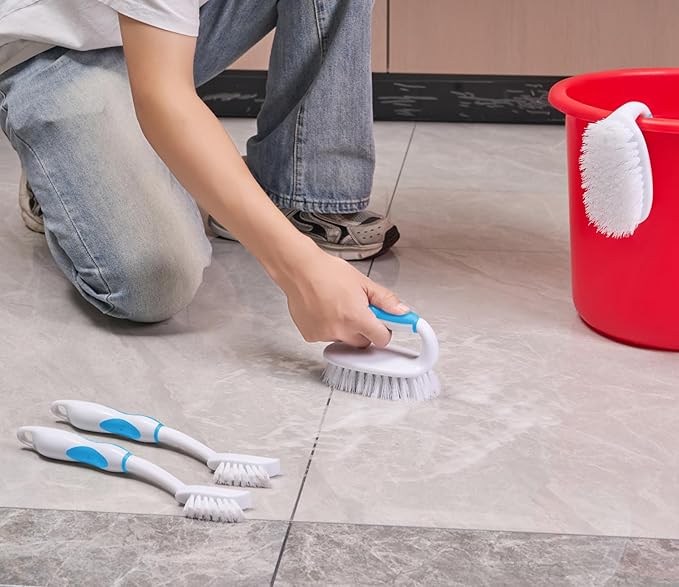 Scrub Brush Set, 4 Pack Deep Cleaning Brush Kit - 2 Scrub Brush, 2 Tile & Grout Brush with Built-in Scraper, Household Commercial Scrubber for Floor, Shower, Pool Wall, Tub (Blue)