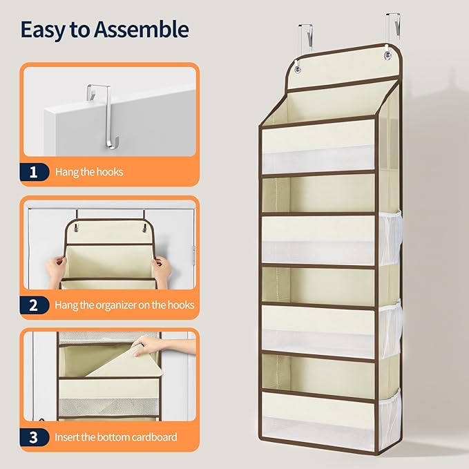 Yecaye Over The Door Organizer, Heavy Duty Hanging Organizers and Storage with 4 Large Capacity Pockets, Swing-Proof Behind The Door Storage for Bathroom Nursery Bedroom Dorm Closet, Beige