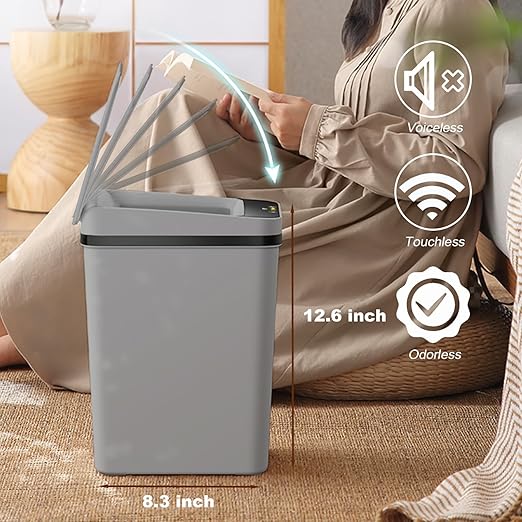Yatmung 2 Pack - 2.5 Gallon Motion Sensor Bathroom Trash Can - Slim Smart Trash Cans - Skinny Trash Bin with Lid - Electric, Narrow, Plastic, Auto Open - Small Automatic Garbage Can (Grey)