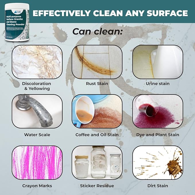 Skylarlife Multi-purpose Surface Stone Cleaning Powder (200g) to remove rust stain, yellowing, oil stains, from most marble, granite, quartz, concrete, countertop and other non-porous surface, remove adhesive spots and stains from boat and plastic and ...