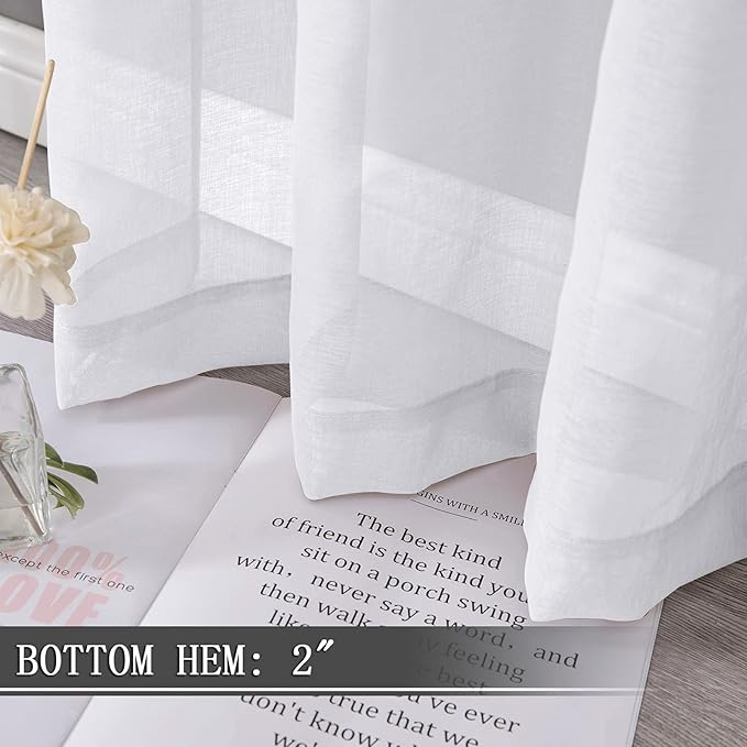 Tollpiz Sheer Curtain Linen Textured Bedroom Curtains Sheer Light Filtering Rod Pocket Voile Curtain for Living Room, 54 x 95 inches Long, White, Set of 2 Panels
