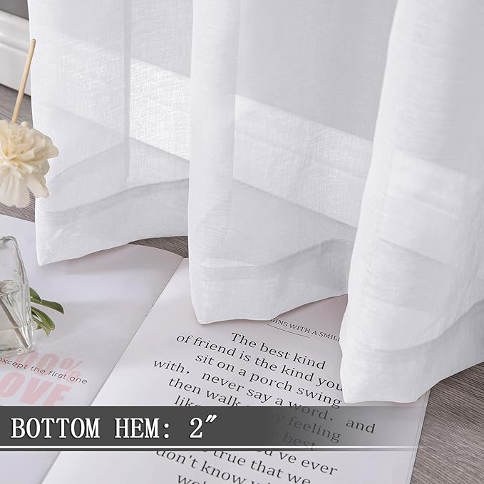 Tollpiz Short Sheer Curtain Living Room Linen Textured Curtains Sheer Light Filtering Voile Rod Pocket Curtain for Bedroom, 38 x 54 inches Long, White, Set of 2 Panels