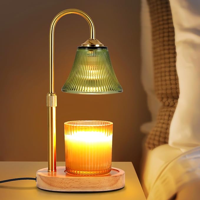 Candle Warmer Lamp, Height Adjustable Candle Warmer with Timer & Dimmer, Electric Candle Lamp with 2 50W Bulbs, Wax Melt Warmer for Scented Jar, Vintage Home Decor Glass Shade(Light Green)