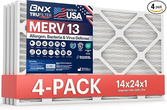 BNX TruFilter 14x24x1 Air Filter MERV 13 (4-Pack) - MADE IN USA - Electrostatic Pleated Air Conditioner HVAC AC Furnace Filters for Allergies, Pollen, Mold, Bacteria, Smoke, Allergen, MPR 1900 FPR 10