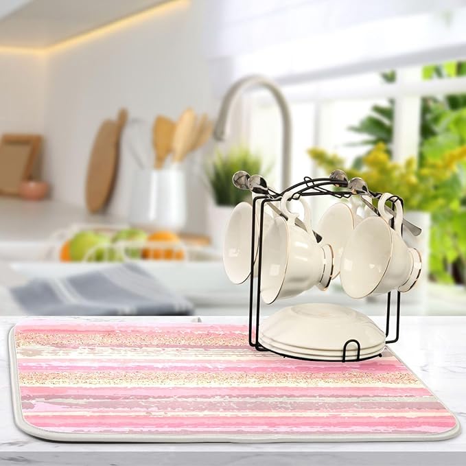 Pink Gold Stripe Dish Drying Mat for Kitchen Countertop 18x24 Rectangle Large Drying Mat Reusable Quick Dry Dish Sink Absorbent Mats Dishwasher Easy Clean Decorative Home Decor Essentials