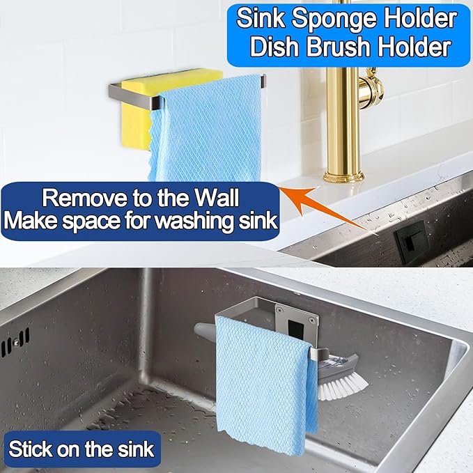 Sponge Holder for Kitchen Sink, Kitchen Sink Caddy, 2 in 1 Kitchen Sink Organizer Sponge Caddy, Adhesive Hanging, Suitable for Kitchen Brush, Dish Rag, Sponge, Gloves, 304 Stainless Steel