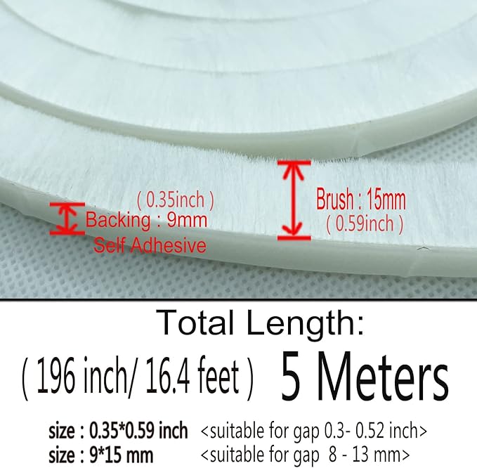 Felt Pile Weather Stripping Brush for Sliding Windows/Doors Frame Side, Self Adhesive Weatherstrip Seal Strip Sealer for Soundproofing (16ft x11/32 Backing x 9/16 Brush inch, White)