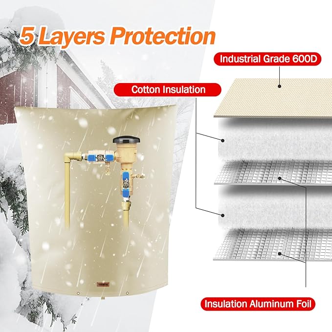 Backflow Preventer Pipe Insulation Cover (5°F) - Irrigation Sprinkler Valve Insulated Pouch - Water Well Pump Cover - Sturdy 5 Layers for Winter Freeze Protection, 18" W x 24" H, Beige