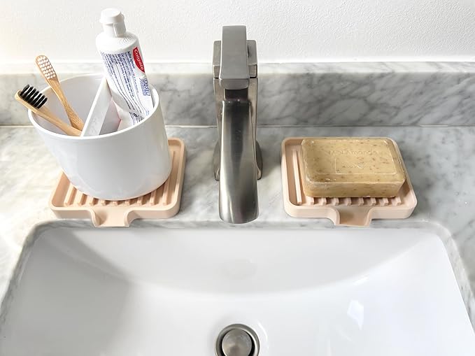 Happitasa Silicone Soap Dish Tray and Sponge Holder with Drain Chute, Pack of 2 | Bathroom and Kitchen Sink Organizer Caddy (Pistachio, 5.2"x4", 7.2 Ounces)