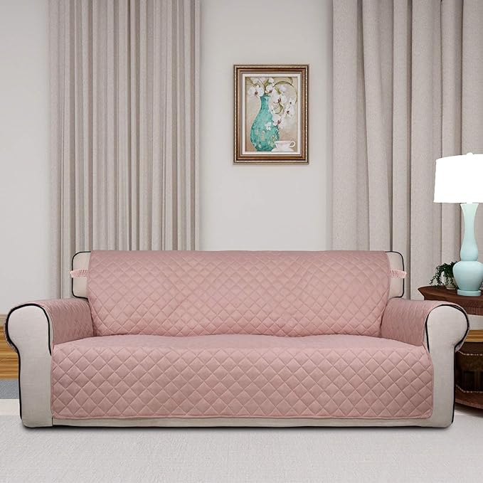 PureFit Reversible Quilted Sofa Cover, Water Resistant Slipcover Furniture Protector, Washable Couch Cover with Non Slip and Elastic Straps for Kids, Dogs, Pets (Sofa, Pink/Beige)