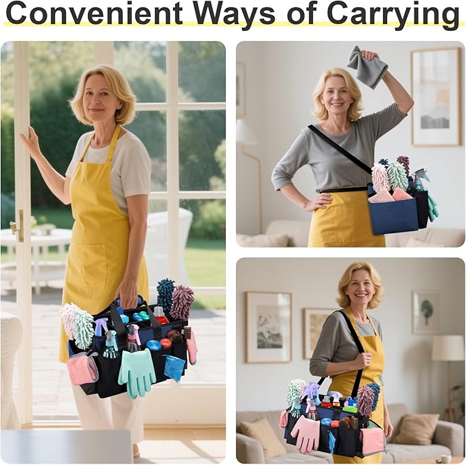 Wearable Large Cleaning Caddy Bag for Housekeeper, Clean Supply Organizer with Adjustable Shoulder, Waist & Handle Straps, Detailing Bag for Kitchen Supplies (Blue)
