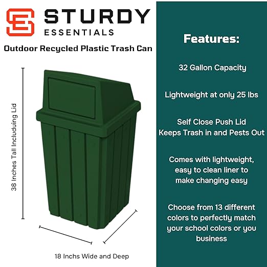 32 Gallon Square Slatted 100% Recycled Plastic Heavy-Duty Commercial Outdoor or Indoor Trash Can with Push Top Lid | Great for Schools and Businesses - Green