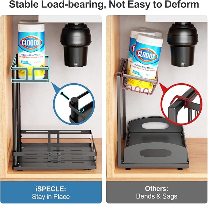iSPECLE Under Kitchen Sink Organizer - 2 Tier Pull Out Under Sink Organizer Expandable Width Add Storage Space, Adjustable Height Easy Get Items without Digging, No Drilling Under Sink Storage