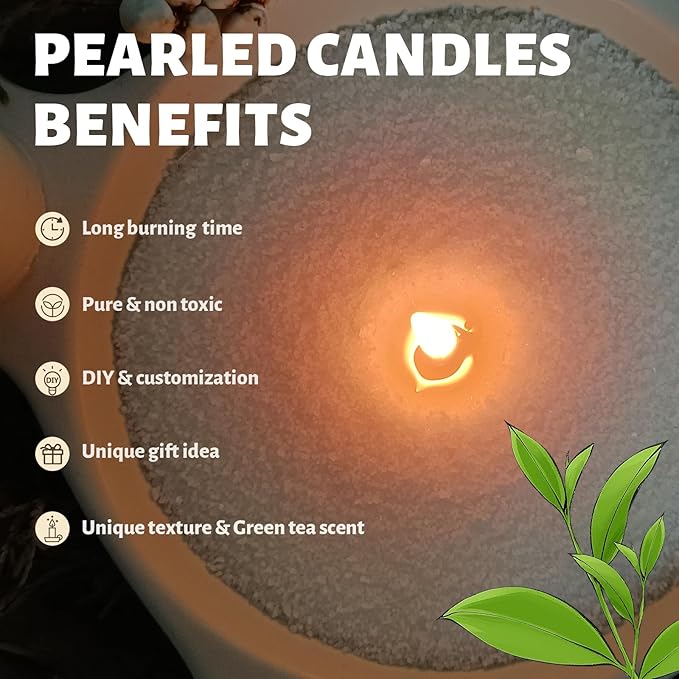 Green Tea Scented Light Green Pearled Candle 18oz Luxury Sand Candle Granulated Wax 30 Cotton Wicks Wax for Candle Making Decorative Candles Smooth and Clean Burning Lasts up to 120 Hours