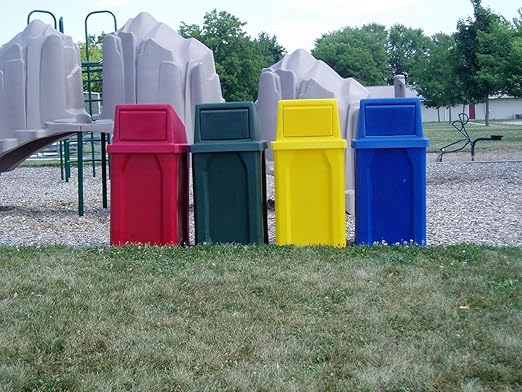 32 Gallon Square 100% Recycled Plastic Heavy Duty Outdoor Trash Can with Push Lid - Great for Schools and Businesses - Green