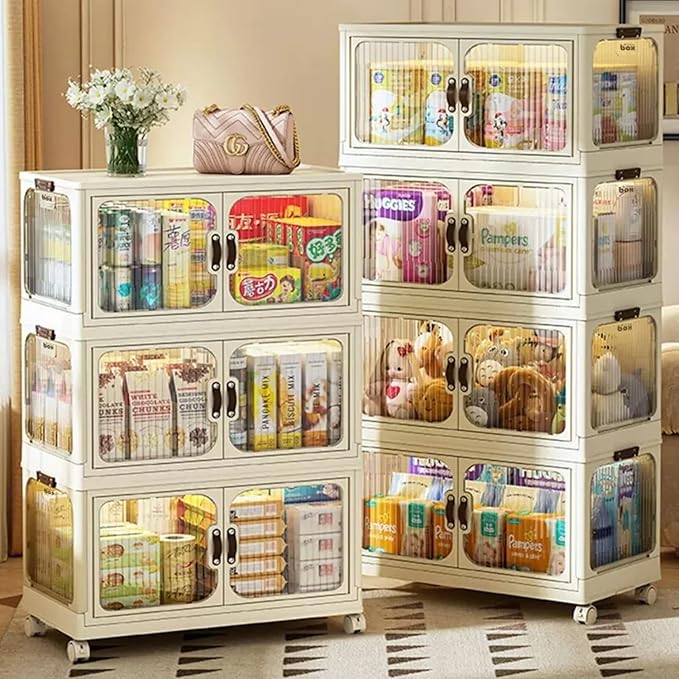 Multi-Purpose Stackable Plastic Storage Bins with Wheels & Lids - Space-Saving Foldable & Collapsible Organizers for Home, Pantry, Office, Dorm, Craft Room & Closet (3 Layers)