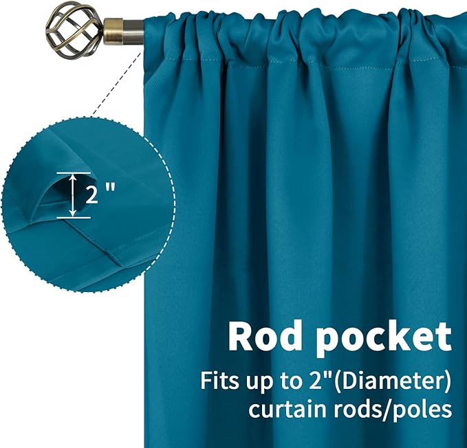 BGment Rod Pocket Blackout Curtains for Bedroom - Thermal Insulated Room Darkening Curtains for Living Room, Peacock Blue, 52 x 63 Inch, 2 Panels