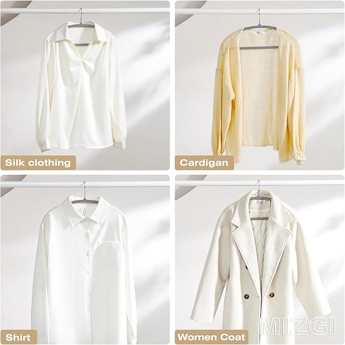 MIZGI 50 Pack Gray Velvet Hangers - No Shoulder Bumps, Heavy Duty Non-Slip Chrome Hooks for Jackets, Coats, Pants