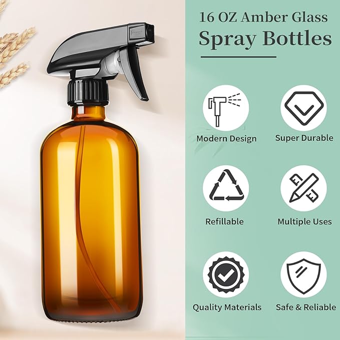 16oz Amber Glass Spray Bottles,4 Pack Glass Spray Bottles Refillable Empty Bottle with Adjustable Nozzle,Spray Bottle for Cleaning,Essential Oils,Cleaning,Pets,Plant, Hair Mister