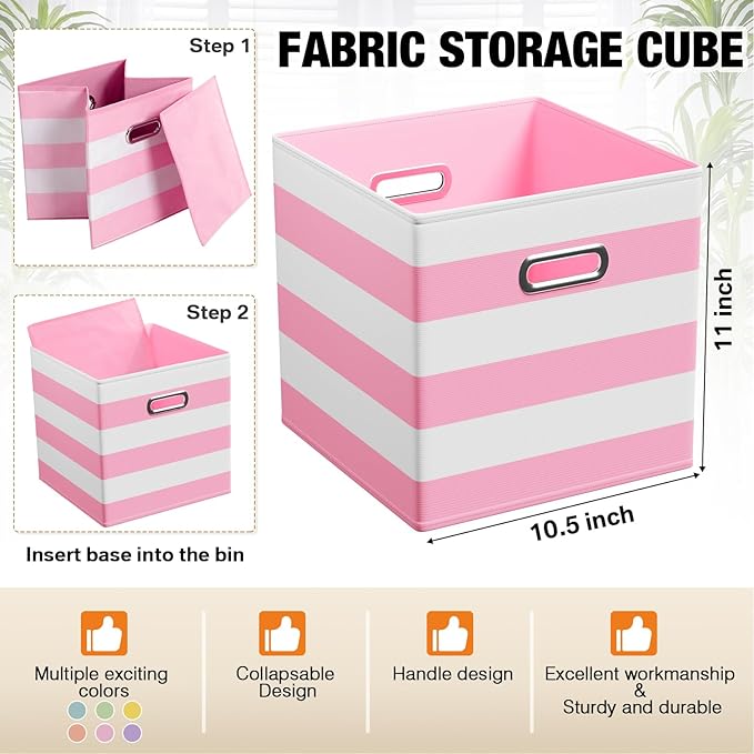 6 Pcs Fabric Storage Cubes Bins with Metal Handle Christmas Storage Bin 11 Inch Macaron Colored Striped Collapsible Bins Holiday Storages Organizer for Gift Books Kids Room Closet and Toys
