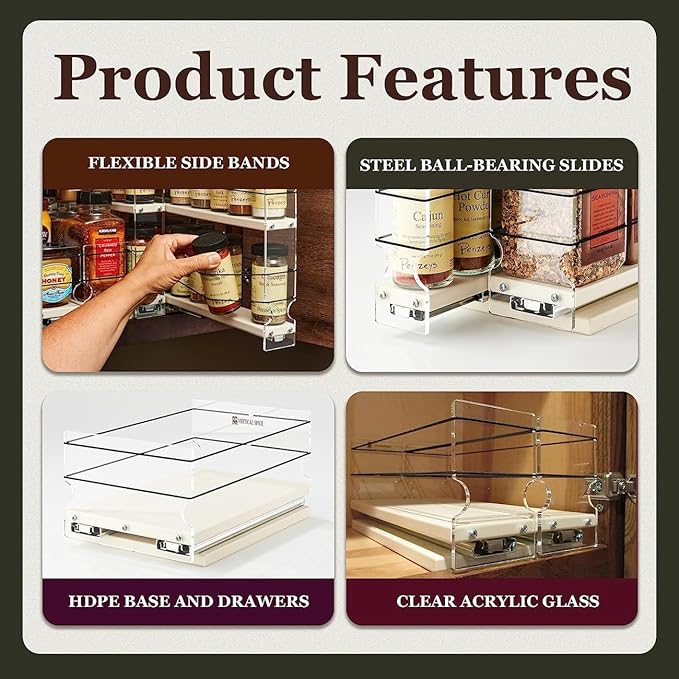 Vertical Spice Combo Spice Rack Drawer - Pull Out Pantry Organizers and Storage - Kitchen Cabinet Organizer - Seasoning Sliding Caddy - Made in USA (5.75" W x 5.00" H x 10.60" D, Partially Assembled)