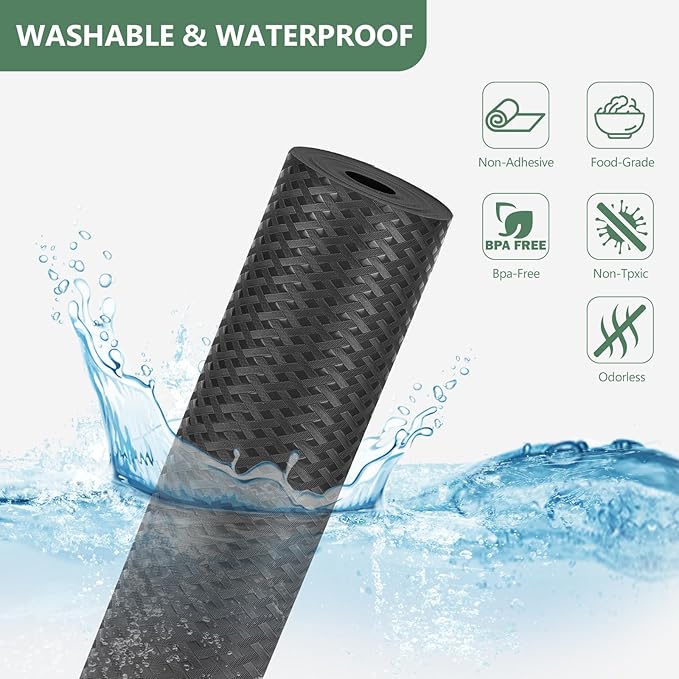 Shelf Liners, Non-Adhesive Drawer Liner, Waterproof & Oil-Proof Kitchen Cabinet Cupboard Liner Plastic EVA Material BPA Free Fridge Liner Mats Paper Protector for Shelves (Black/16in x 240in)