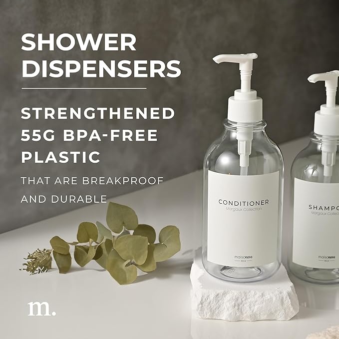 MaisoNovo Refillable Shampoo and Conditioner Bottles | 16.9 fl oz Set of 3 Clear Plastic Bottles White Pumps