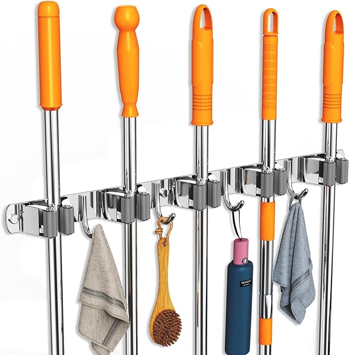 2 Pack Mop and Broom Holder Wall Mount, Non-slip Broom Hanger Wall Mount, Heavy Duty Mop Broom Organizer for Kitchen Garden Garage Laundry Room Wall Decor Organization and Storage Silver 5R4H