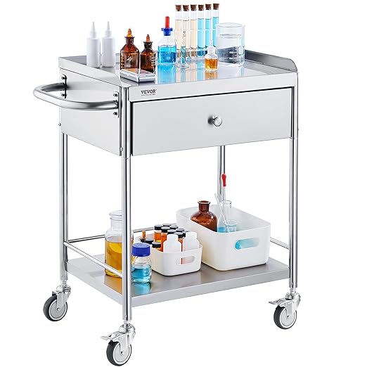 VEVOR Medical Cart, 2-Layer Stainless Steel Cart 220 lbs Weight Capacity, Lab Utility Cart with 360° Silent Wheels and a Drawer for Lab, Clinic, Kitchen, Salon, 141002