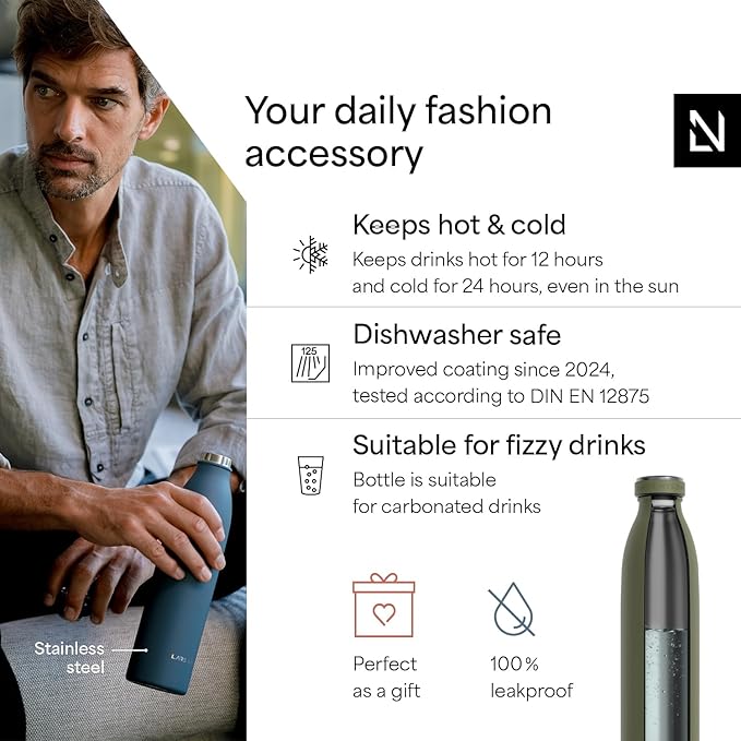 LARS NYSØM Stainless Steel Insulated Water Bottle 12oz 17oz 25oz 34oz 51oz | Insulated Thermo Flask for Hot and Cold Beverages | Leakproof Drinking Bottle (Olive Green, 25.4oz)
