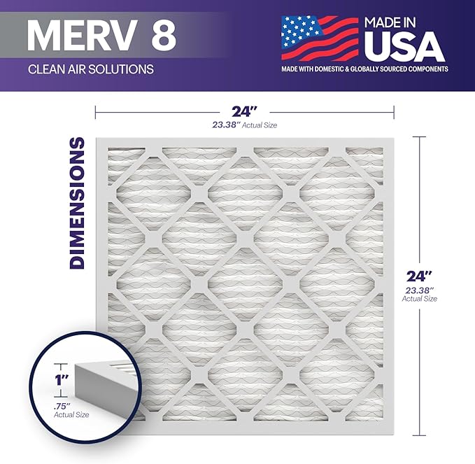 BNX TruFilter 24x24x1 Air Filter MERV 8 (4-Pack) - MADE IN USA – Air Conditioner HVAC AC Furnace Filters for Dust, Pet, Mold, Pollen MPR 600 – 700 & FPR 5 (Actual Size: 23.38 x 23.38 x 0.75 Inches)