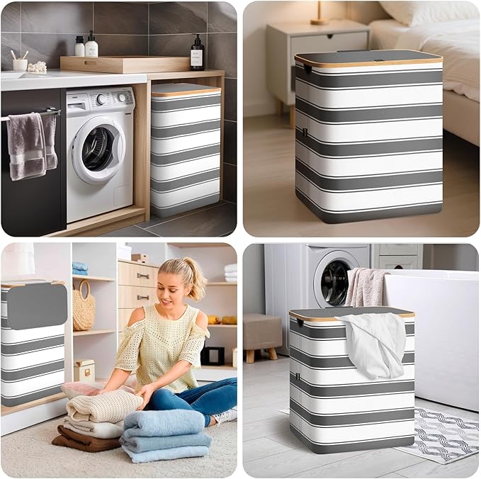 BALEINE Laundry Hamper with Lid, Tall Laundry Baskets with Bamboo Pull Handles, Large Laundry Bin with Internal Support (26 Gal/100L, Grey Stripe)