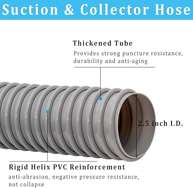 Dust Collection Hose 2.5 in × 5 ft Heavy Duty Flexible PVC Reinforced Thicken Helix Suction Discharge Corrugated Pipe Hose for Fume Dust Collector Fitting Wood Chip Saw (2.5 inch gray hose)