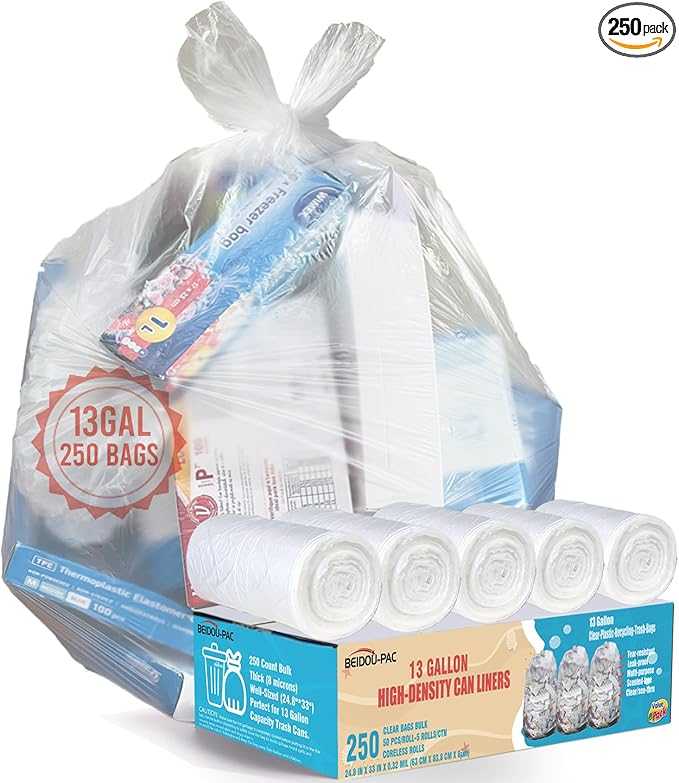Trash Bags 13 Gallon, 250 Count Bulk, Clear Plastic Recycling Garbage Bags, Multi-purpose Tall Kitchen Trash Bags Can Liners for Business Home Commercial and Industrial