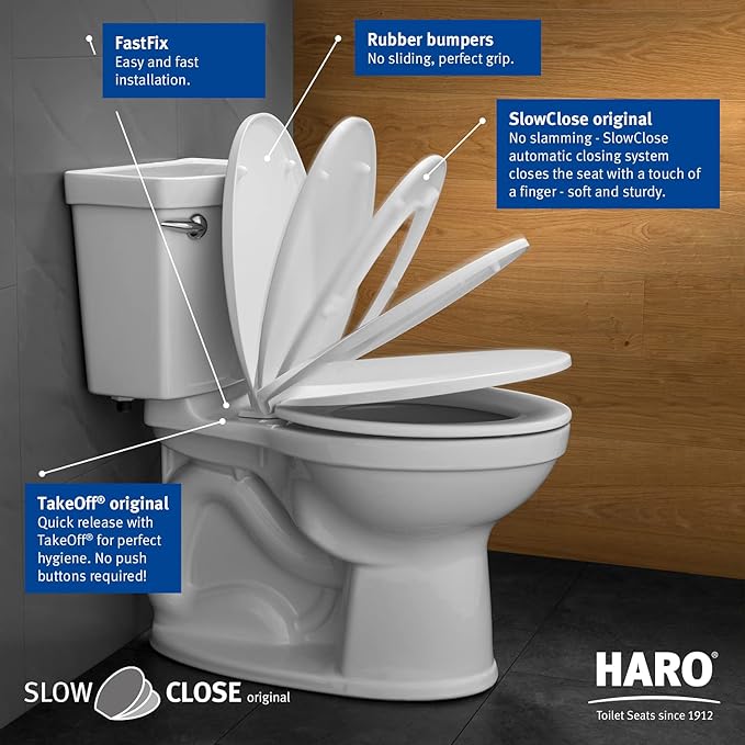 HARO | ROUND Toilet Seat | Heavy-Duty up to 550 lbs Capacity | Slow-Close-Seat | Quick-Release & Easy Clean, Fast-Fix-Hinge, No-Slip Bumpers, White | Advanced (PP) | 16.5" x 14.5" x 2.32"